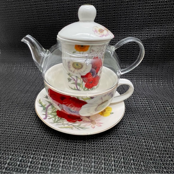 Grace Teaware Tea for One Cup Saucer Infuser With Lid Teapot Poppy Design - Picture 1 of 16